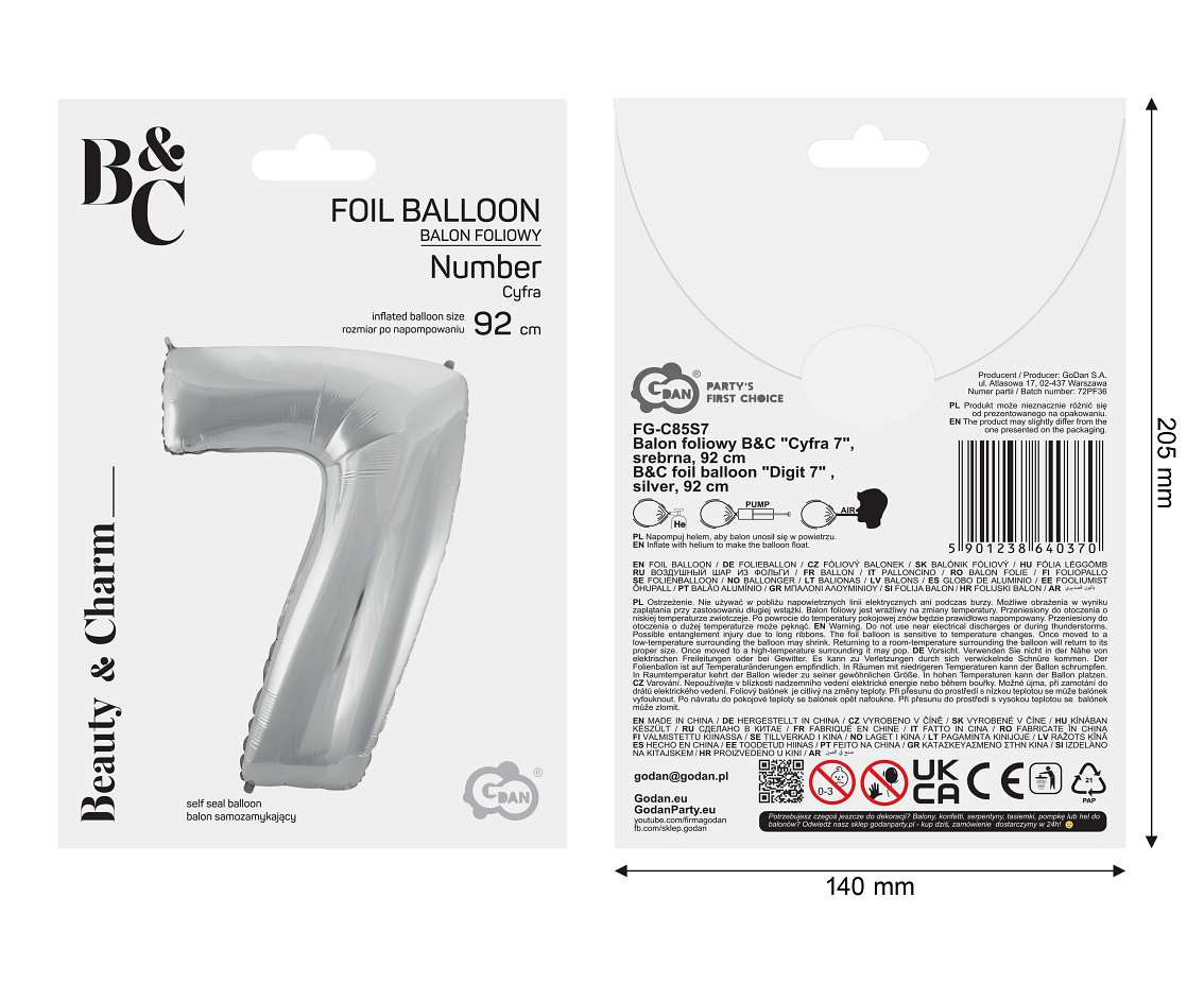 Foil balloon B&C digit 7, silver, 92 cm