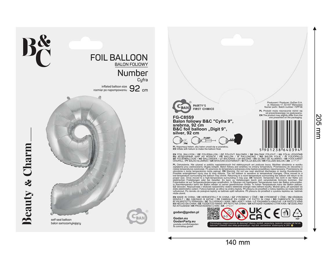 Foil balloon B&C digit 9, silver, 92 cm