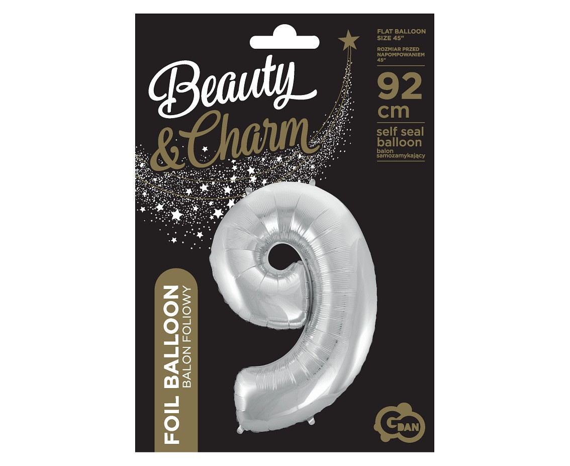 Foil balloon B&C digit 9, silver, 92 cm