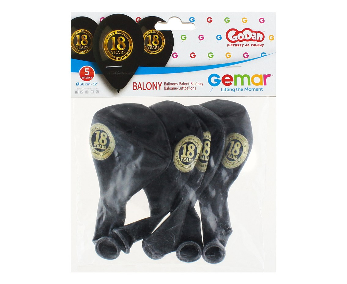 Balloons Gemar 12", pastel premium "18 years", black, 5pcs