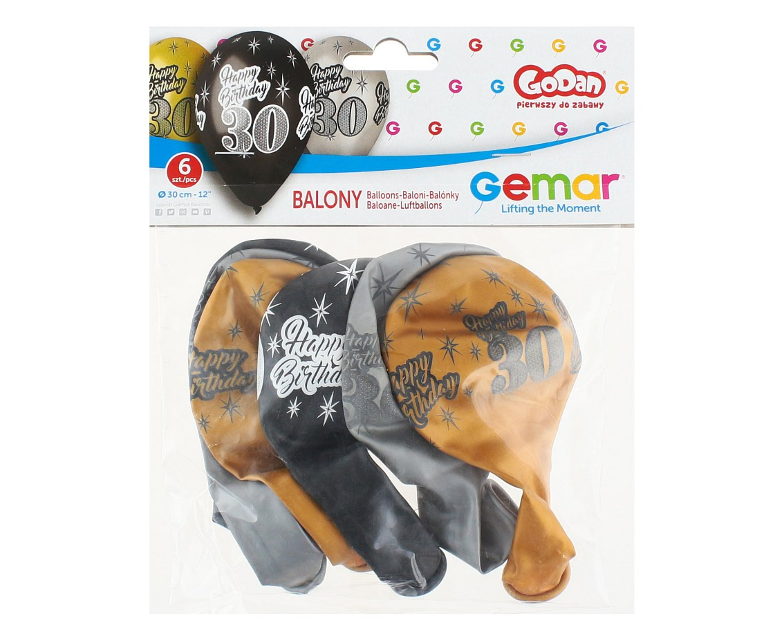 Balloons Gemar 12", premium "happy birthday 30", metallic, 6pcs