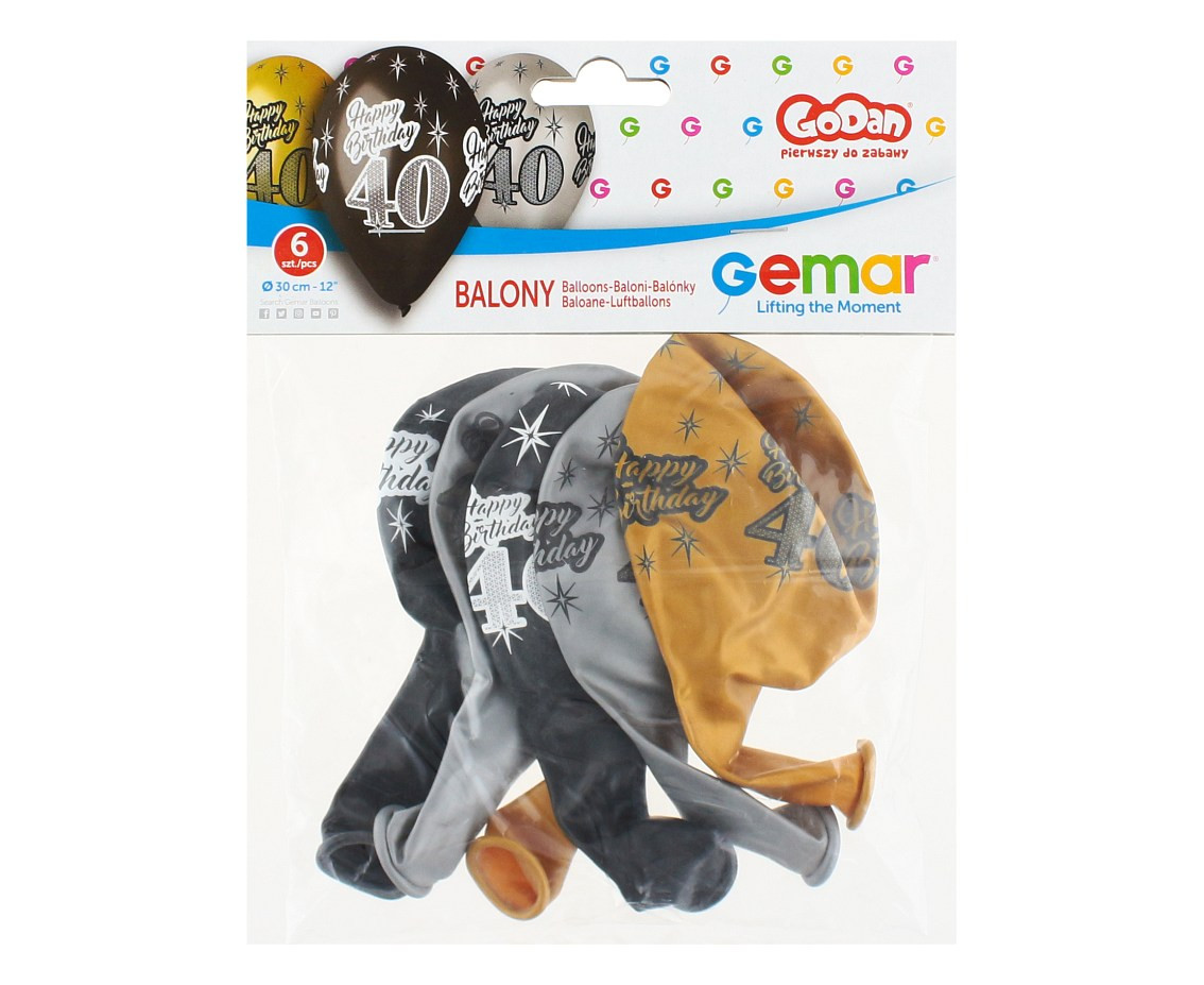 Balloons Gemar 12", premium "happy birthday 40", metallic, 6pcs