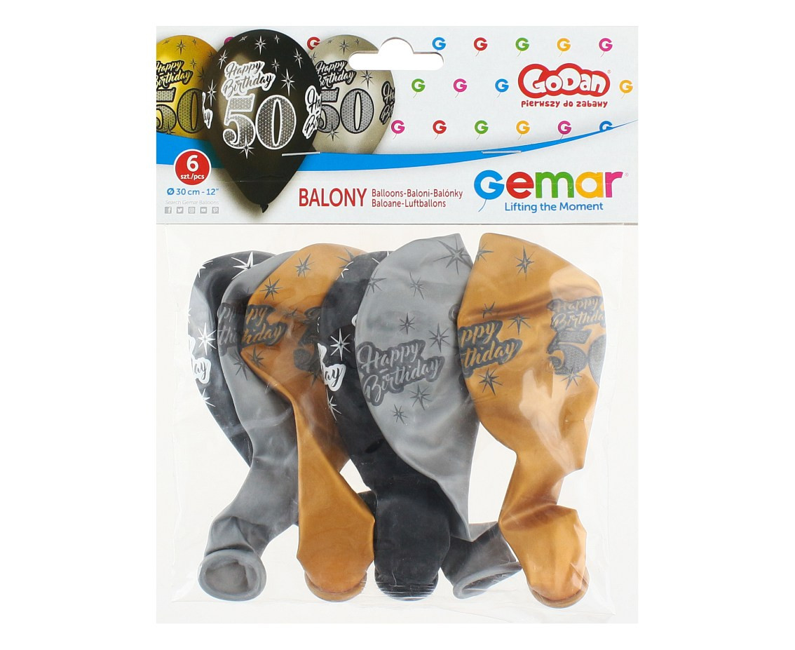 Balloons Gemar 12", premium "happy birthday 50", metallic, 6pcs