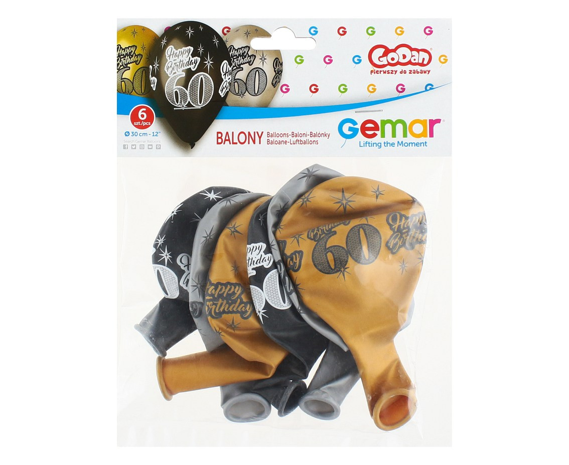 Balloons Gemar 12", premium "happy birthday 60", metallic, 6pcs