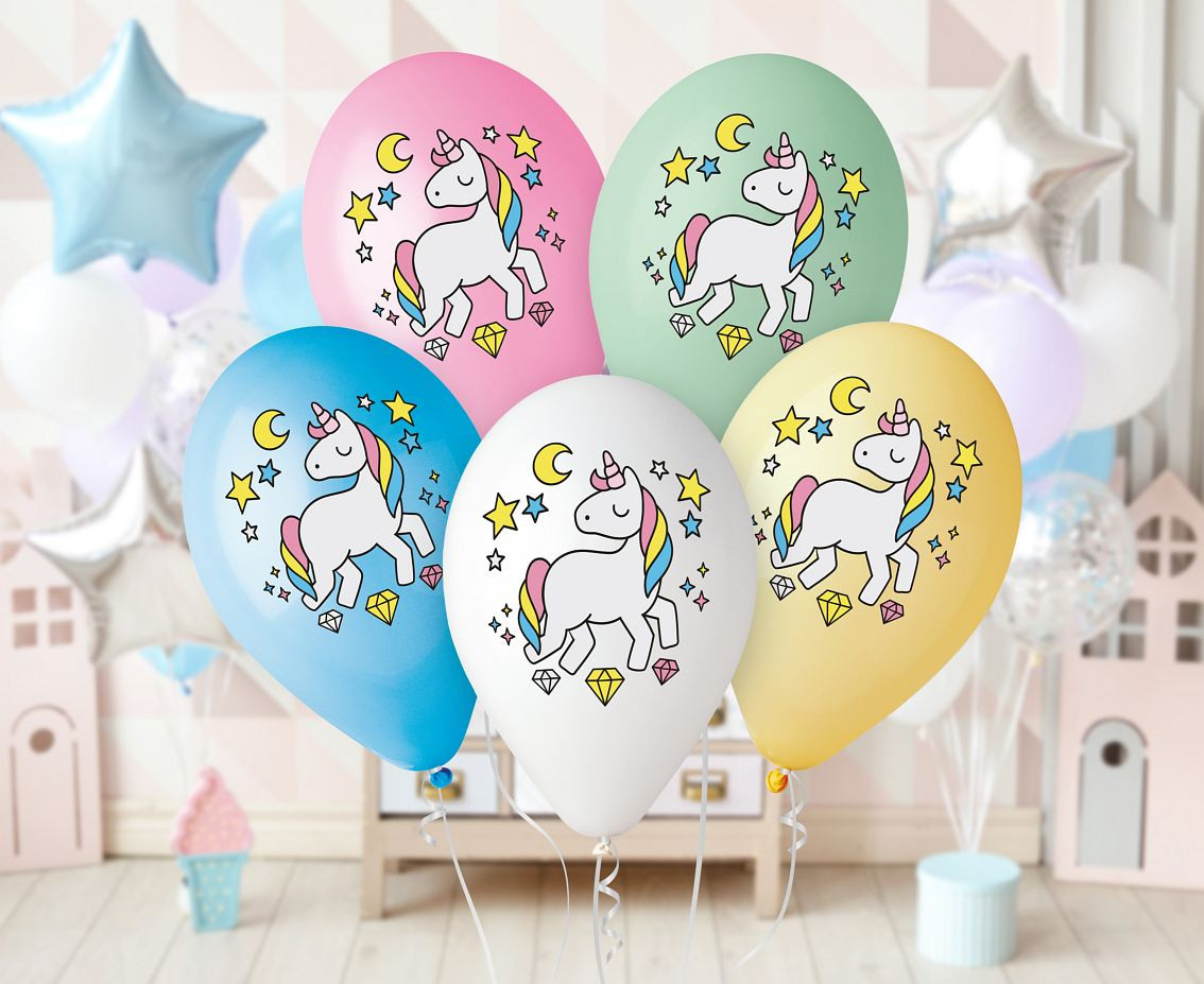 Balloons Gemar 12", pastel premium "unicorn magic night", multicolour print, 5pcs