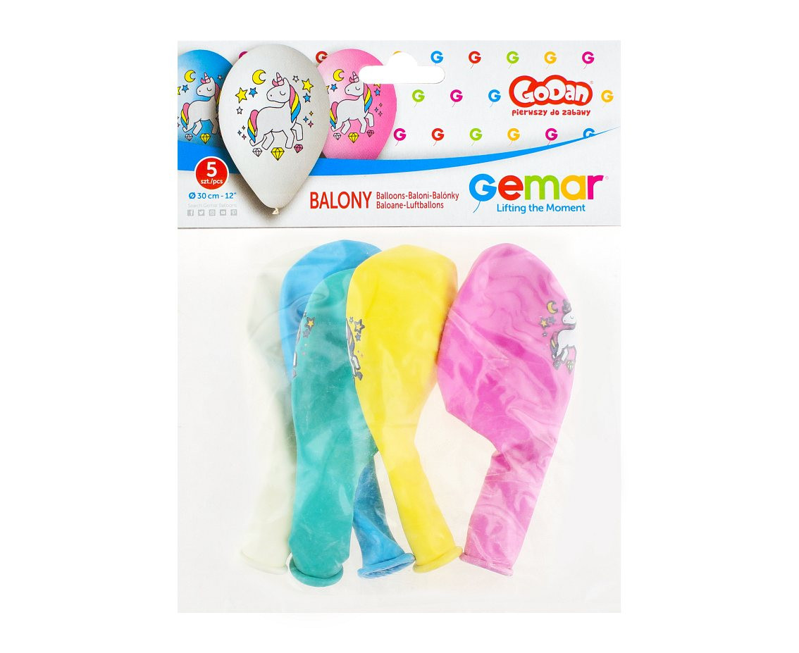 Balloons Gemar 12", pastel premium "unicorn magic night", multicolour print, 5pcs