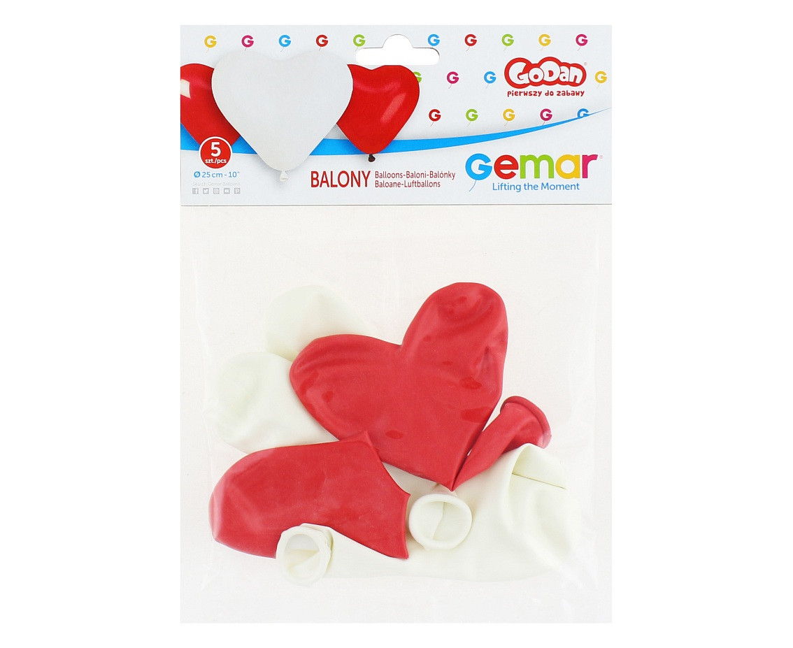 Balloons Gemar 10", CR hearts dark red and white, 5pcs