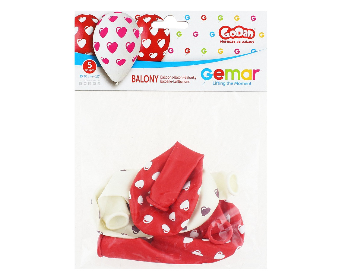 Balloons Gemar 12", pastel premium hearts red and white, 5pcs