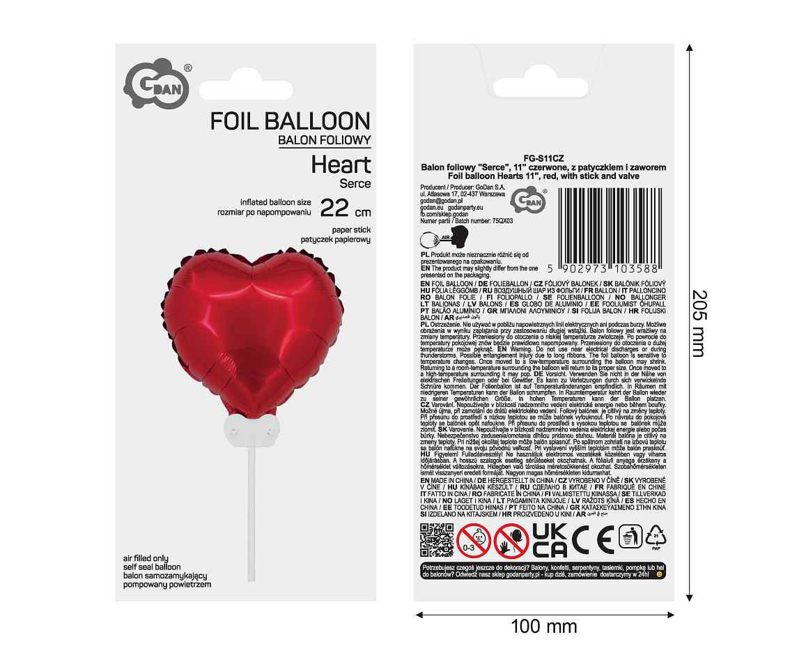 Foil balloon Hearts 11", red, with stick and valve
