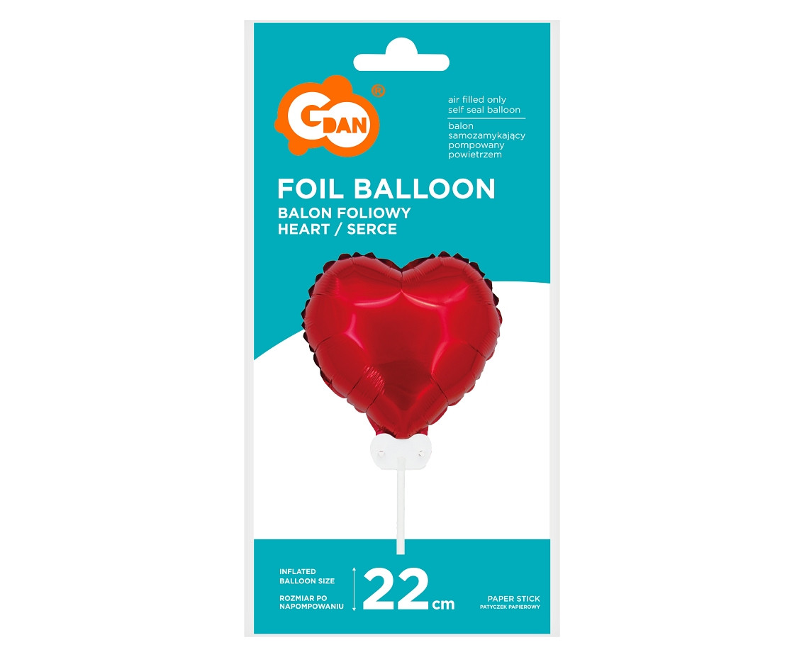 Foil balloon Hearts 11", red, with stick and valve