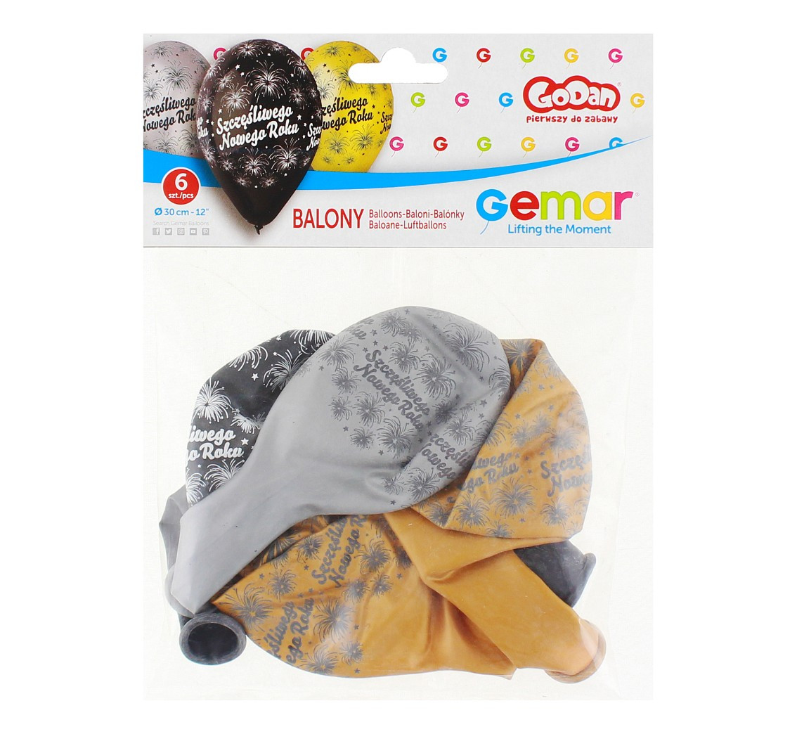 Balloons Gemar 12", premium "happy new year", metallic, 6pcs