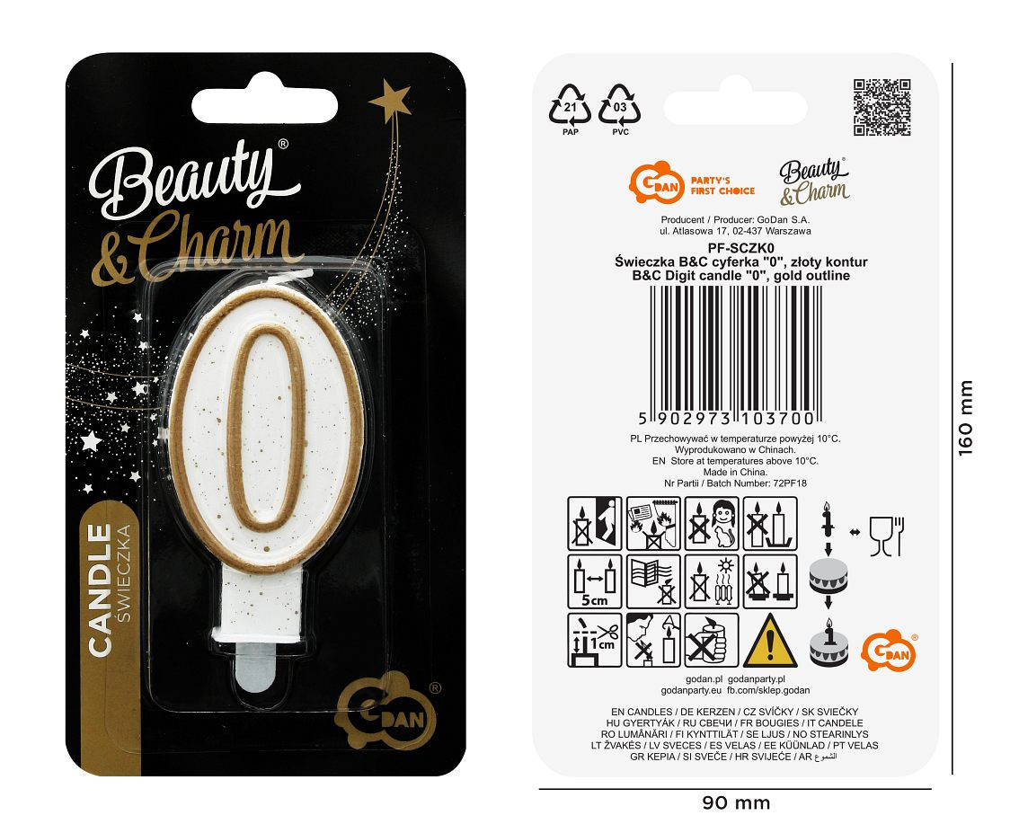 Digit candle "0", gold outline, 8 cm