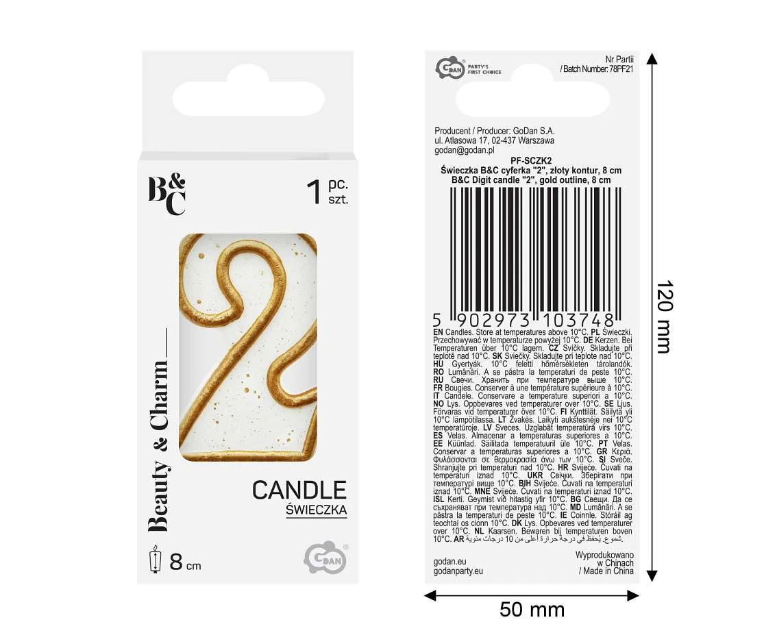Digit candle "2", gold outline, 8 cm