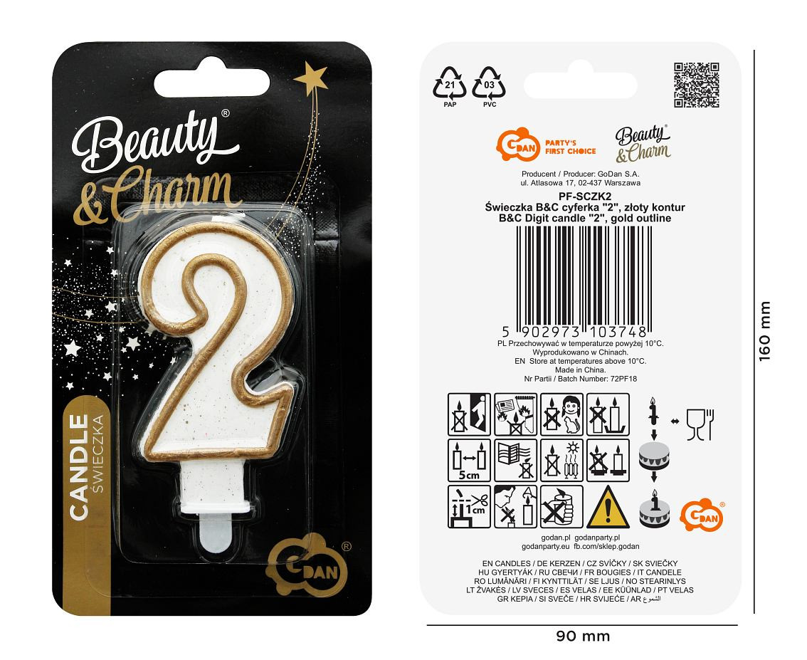 Digit candle "2", gold outline, 8 cm
