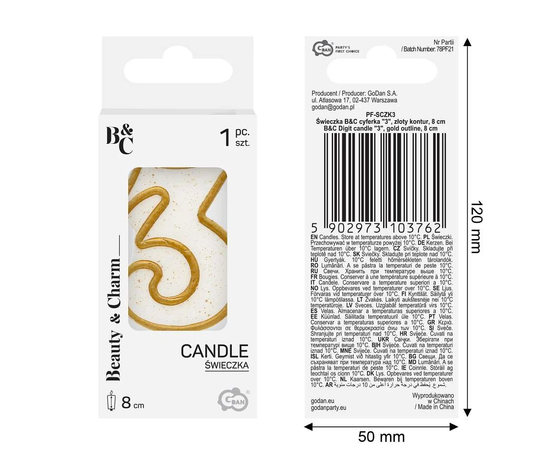 Digit candle "3", gold outline, 8 cm