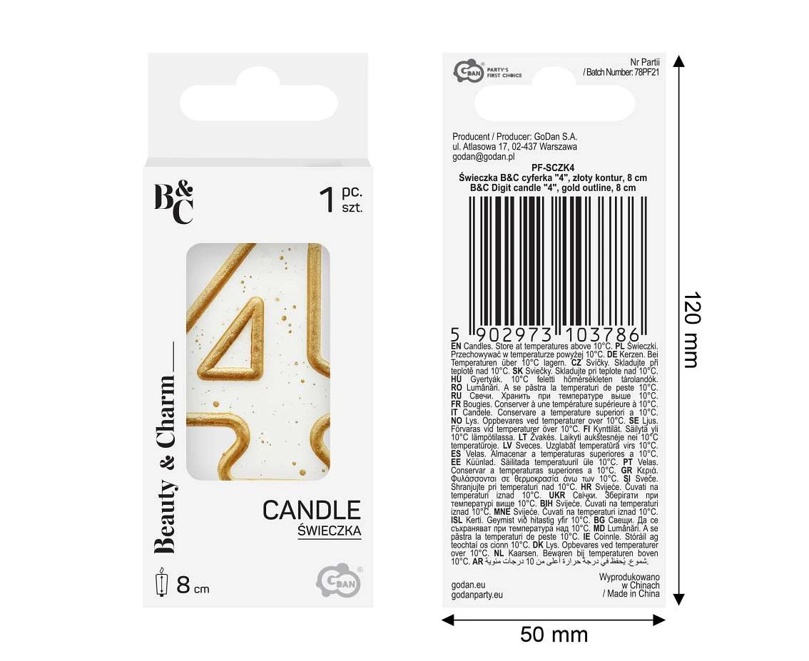 Digit candle "4", gold outline, 8 cm