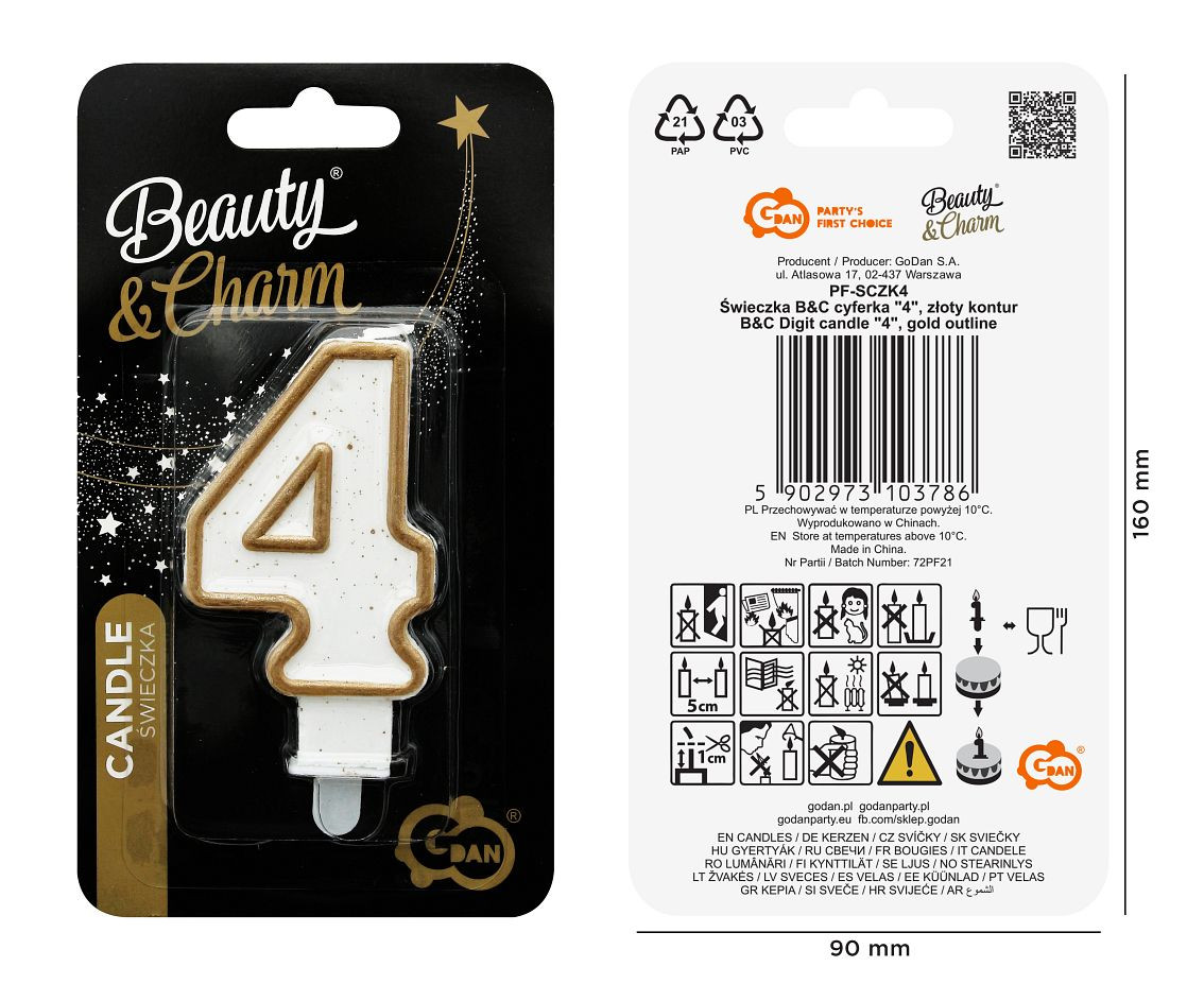 Digit candle "4", gold outline, 8 cm
