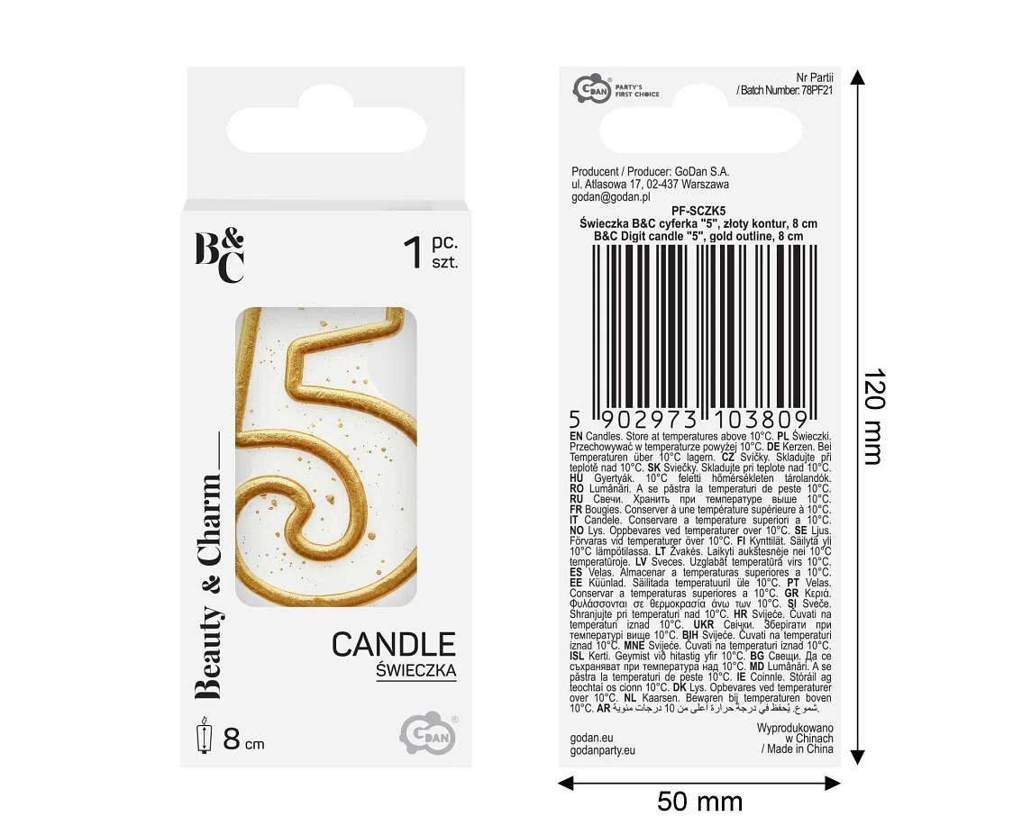 Digit candle "5", gold outline, 8 cm
