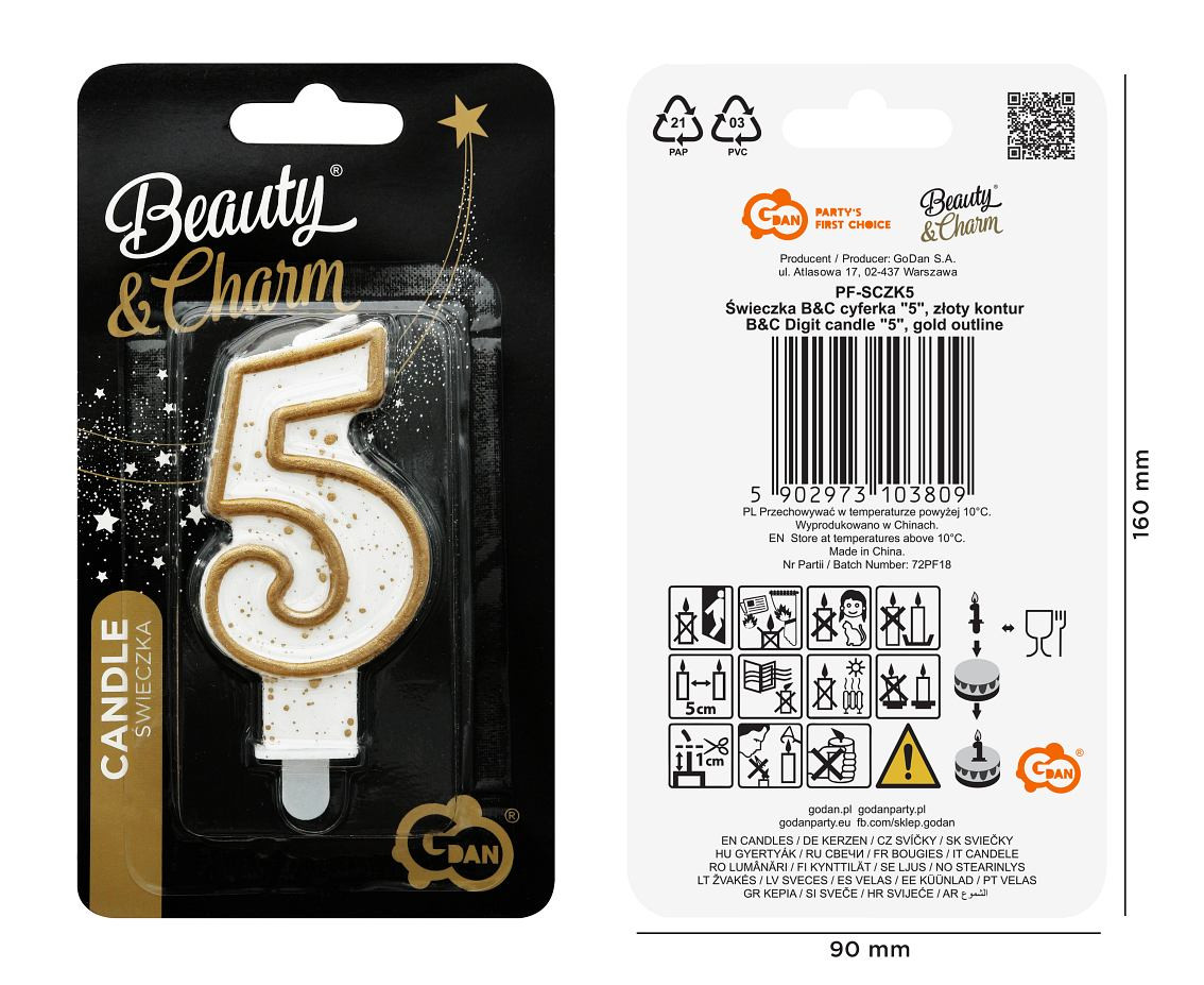 Digit candle "5", gold outline, 8 cm