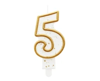 Digit candle "5", gold outline, 8 cm