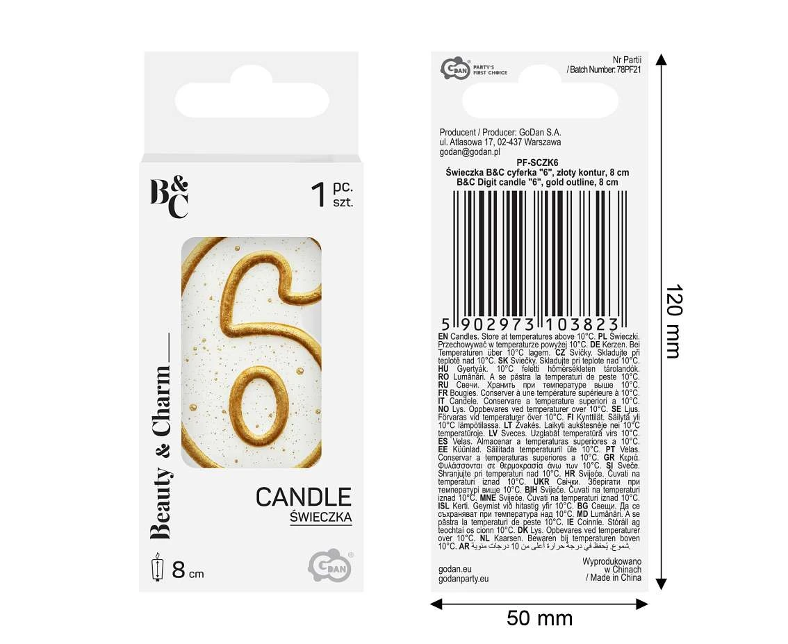 Digit candle "6", gold outline, 8 cm