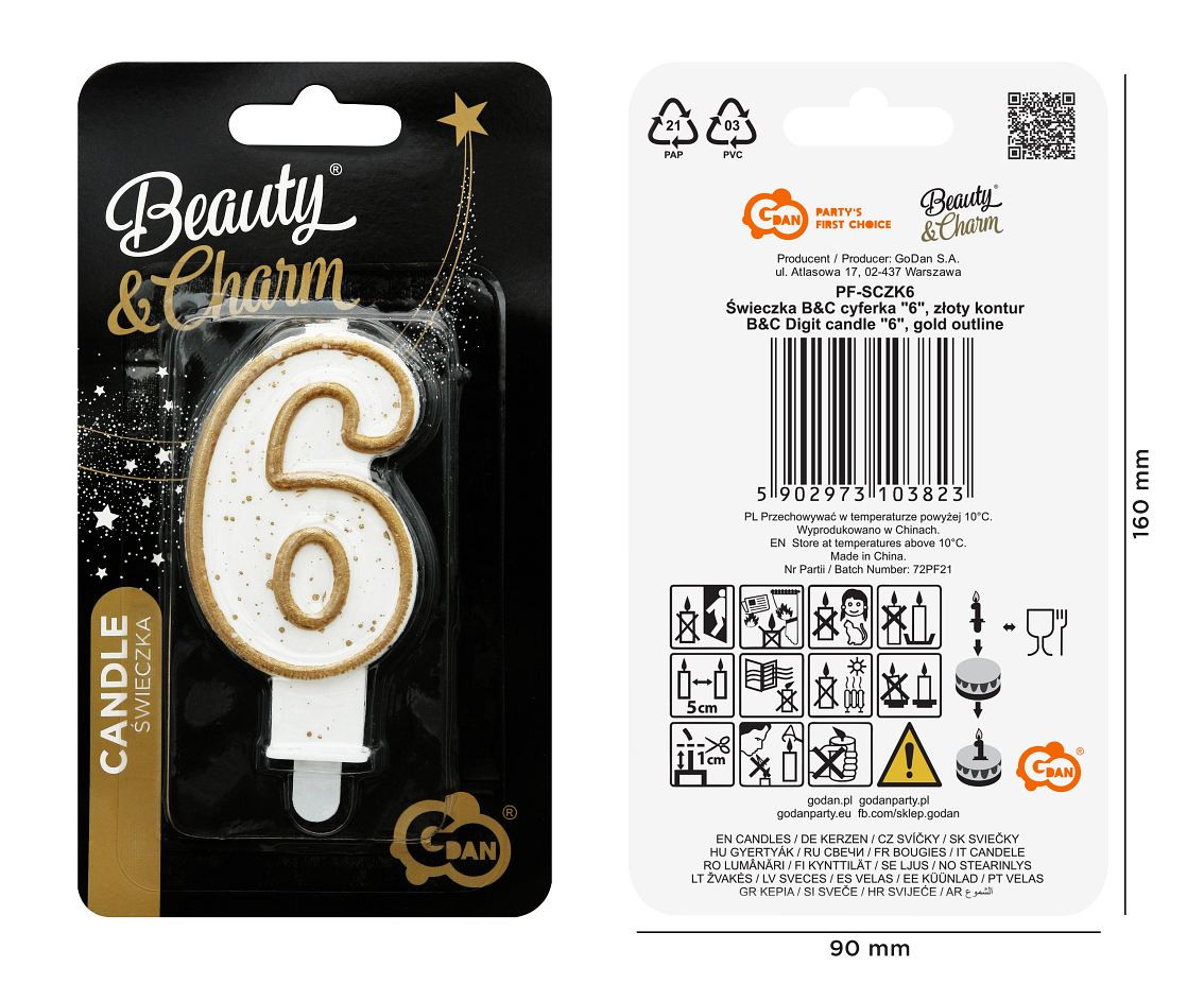 Digit candle "6", gold outline, 8 cm