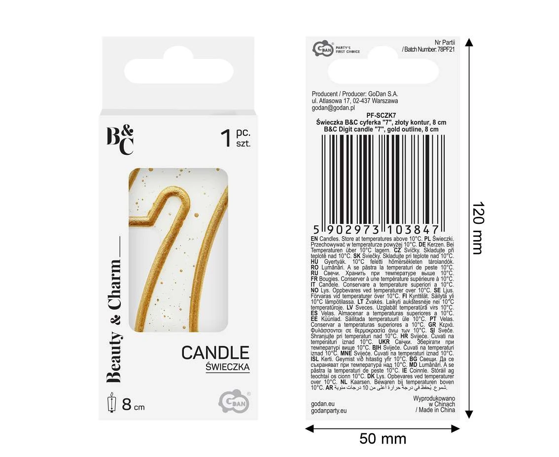 Digit candle "7", gold outline, 8 cm