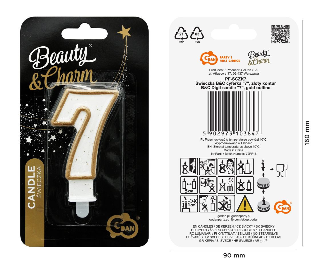 Digit candle "7", gold outline, 8 cm