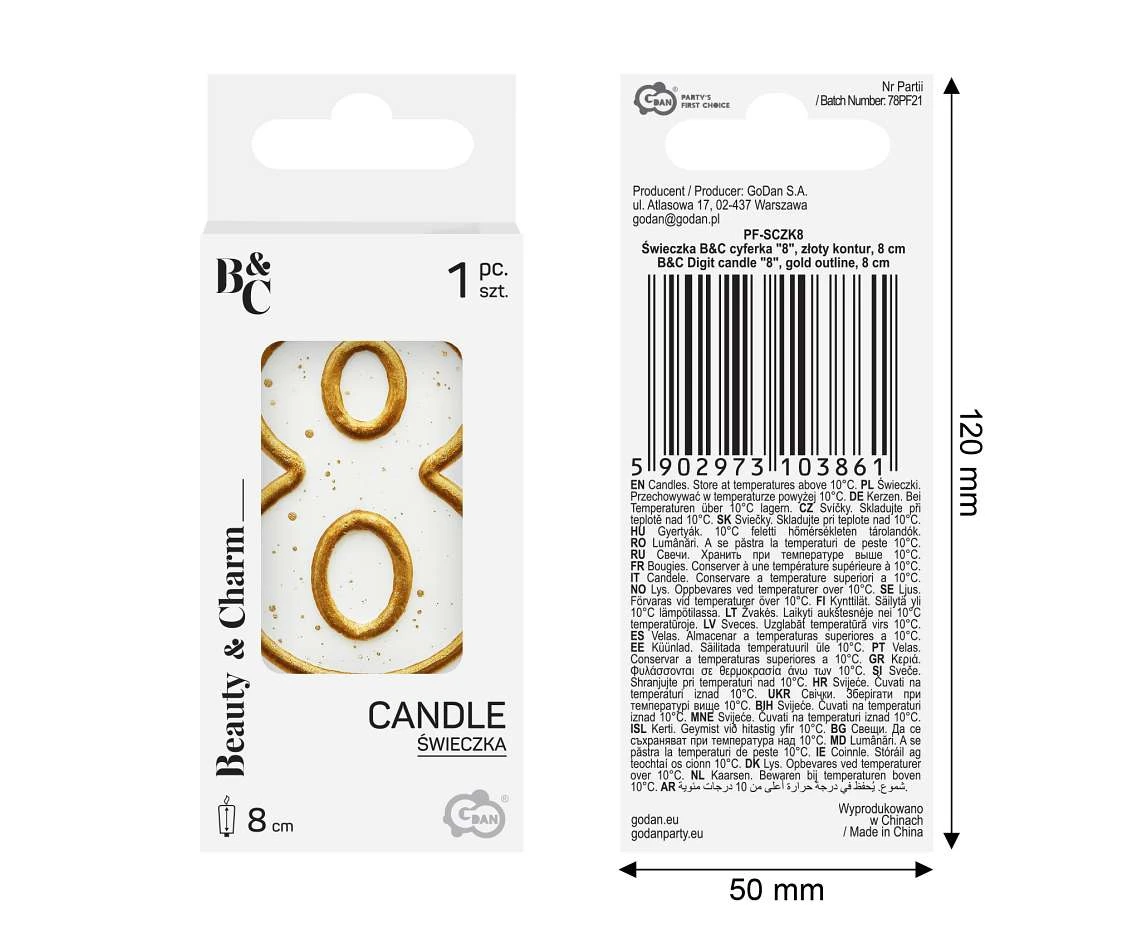 Digit candle "8", gold outline, 8 cm