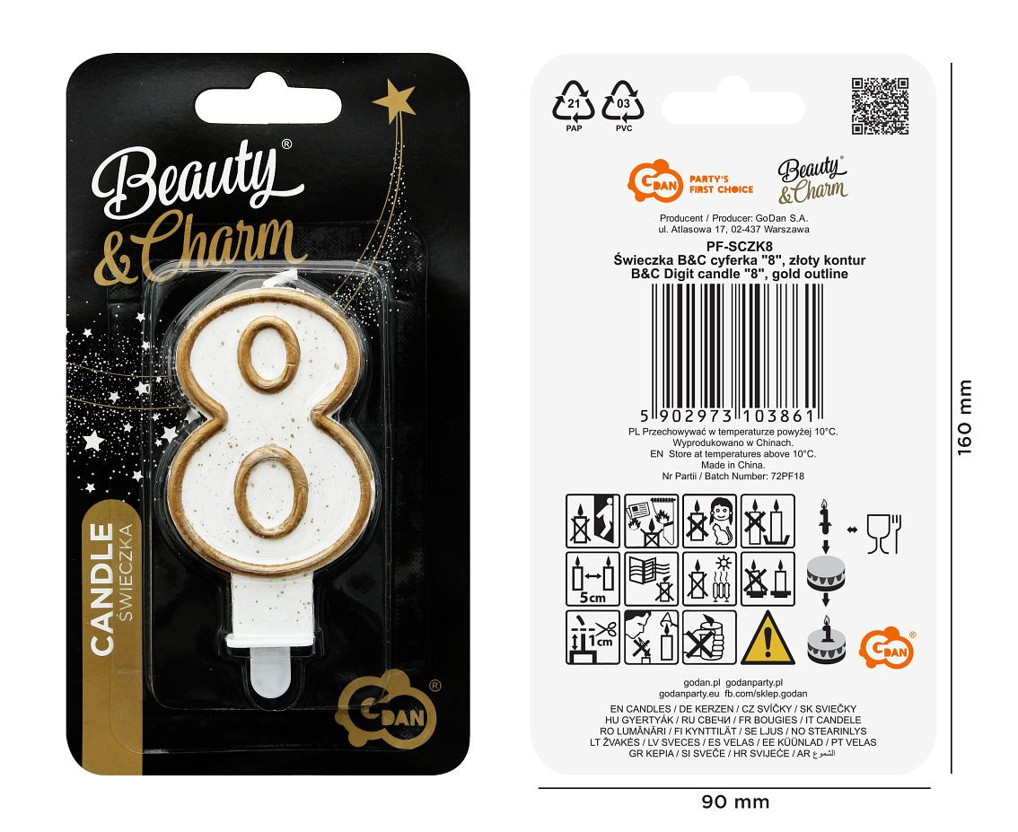Digit candle "8", gold outline, 8 cm
