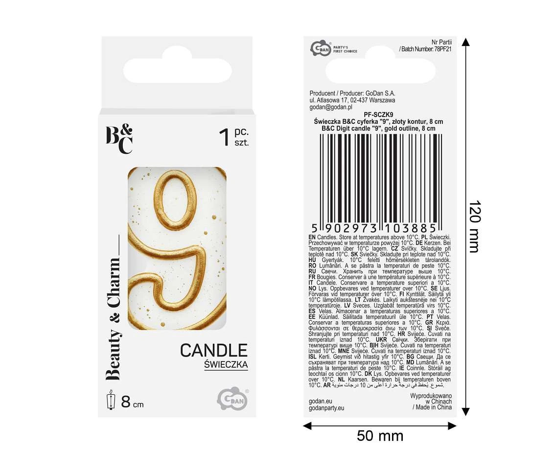 Digit candle "9", gold outline, 8 cm