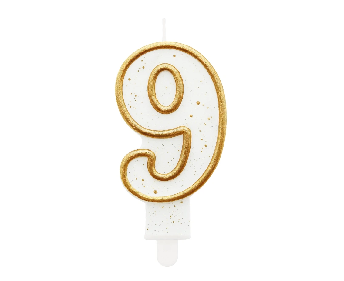 Digit candle "9", gold outline, 8 cm