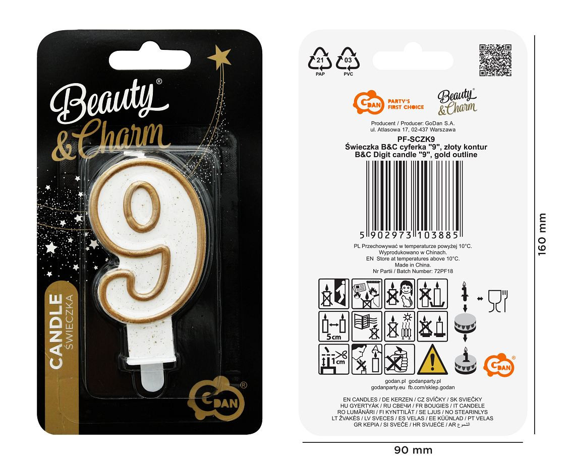 Digit candle "9", gold outline, 8 cm