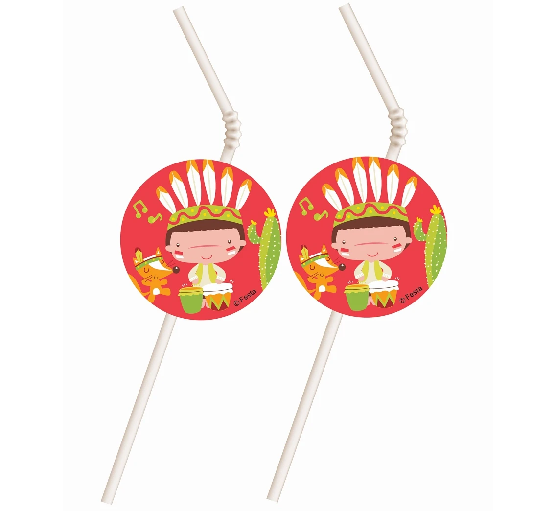 Drinking straws with deco cards "Indian Party", 6 pcs EOL