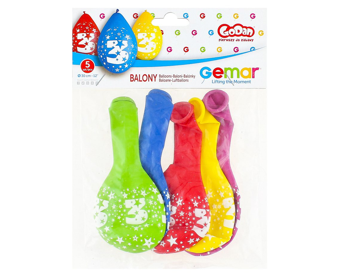 Balony Gemar 12",  3. urodziny, pastel mix(wiszące), 5szt. KK