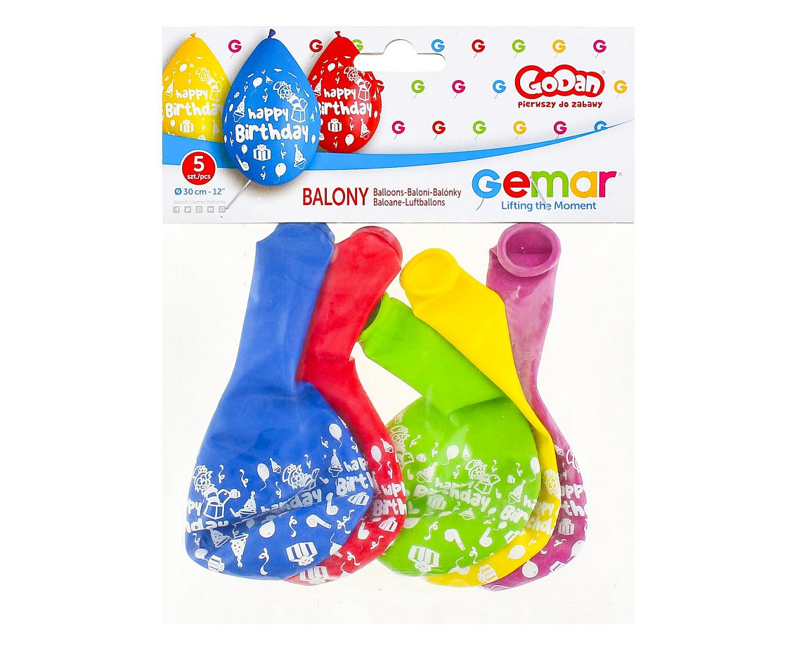 Balloons Gemar 12", pastel premium "happy birthday" (party) hanging balloon, 5pcs