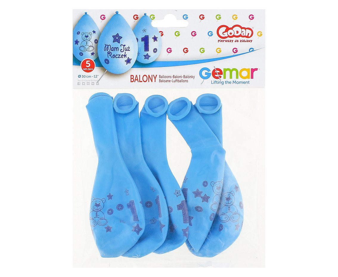 Balloons Gemar 12", premium 1st birthday balloons "moje 1 urodziny", blue hanging balloon, 5pcs EOL