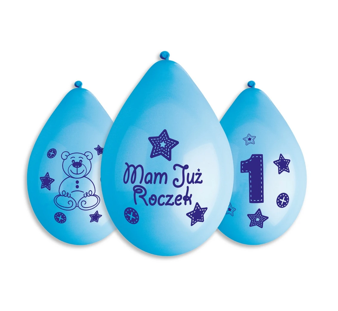 Balloons Gemar 12", premium 1st birthday balloons "moje 1 urodziny", blue hanging balloon, 5pcs EOL