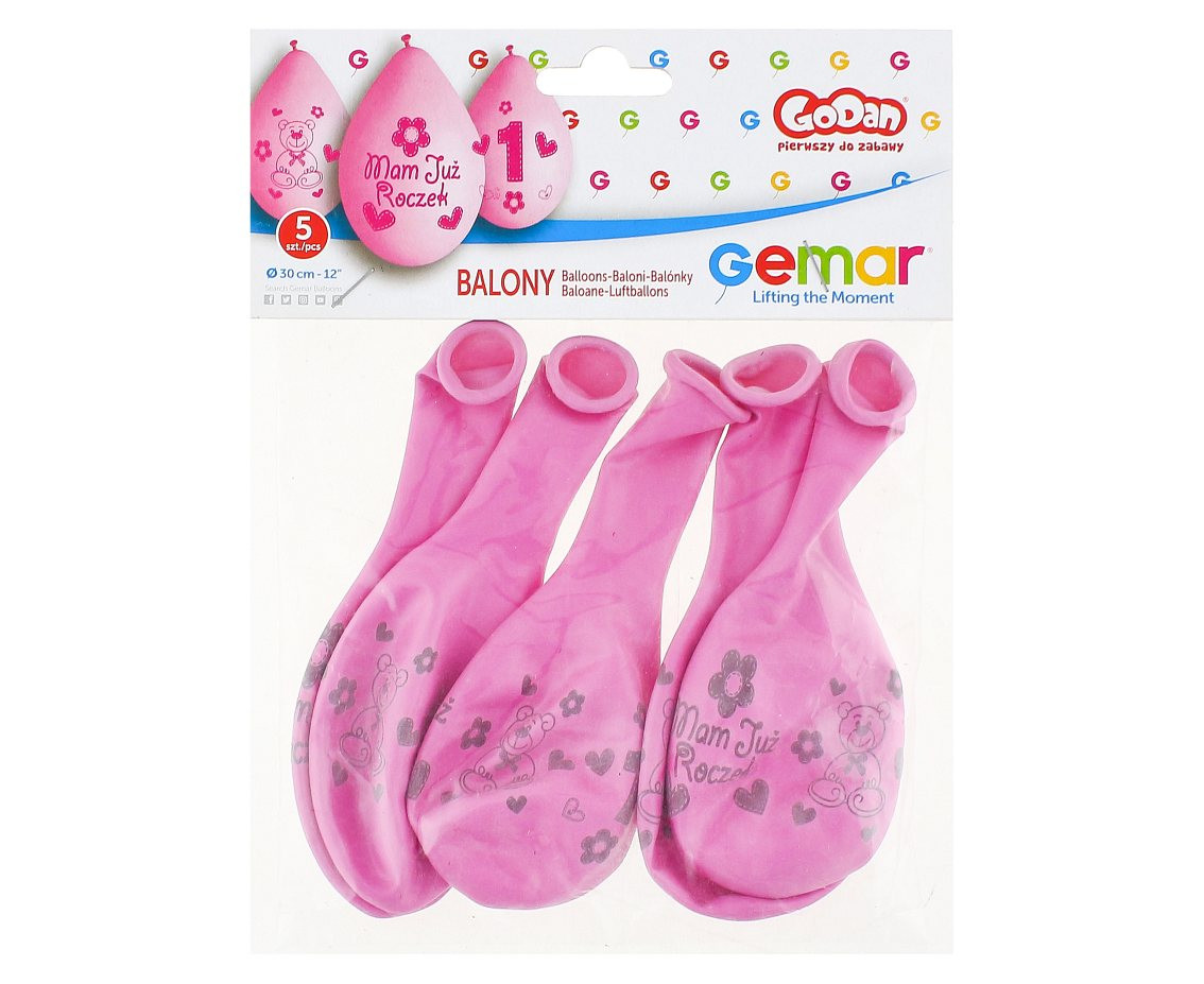 Balloons Gemar 12", premium 1st birthday balloons "moje 1 urodziny", pink hanging balloon, 5pcs EOL