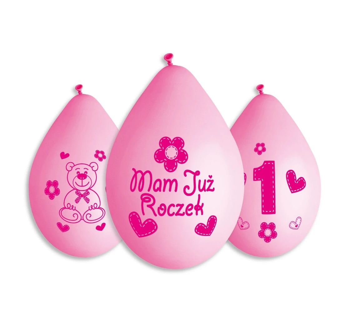 Balloons Gemar 12", premium 1st birthday balloons "moje 1 urodziny", pink hanging balloon, 5pcs EOL