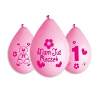 Balloons Gemar 12", premium 1st birthday balloons "moje 1 urodziny", pink hanging balloon, 5pcs EOL