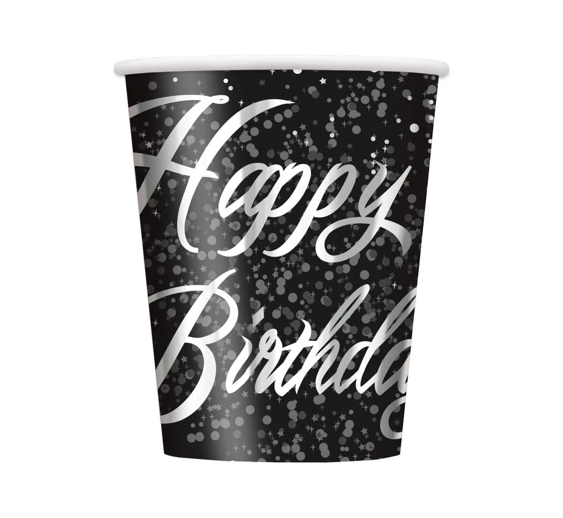 Paper cups "Glitz - Happy Birthday", silver, 23 cm, 8 pcs