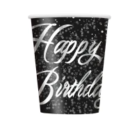 Paper cups "Glitz - Happy Birthday", silver, 23 cm, 8 pcs