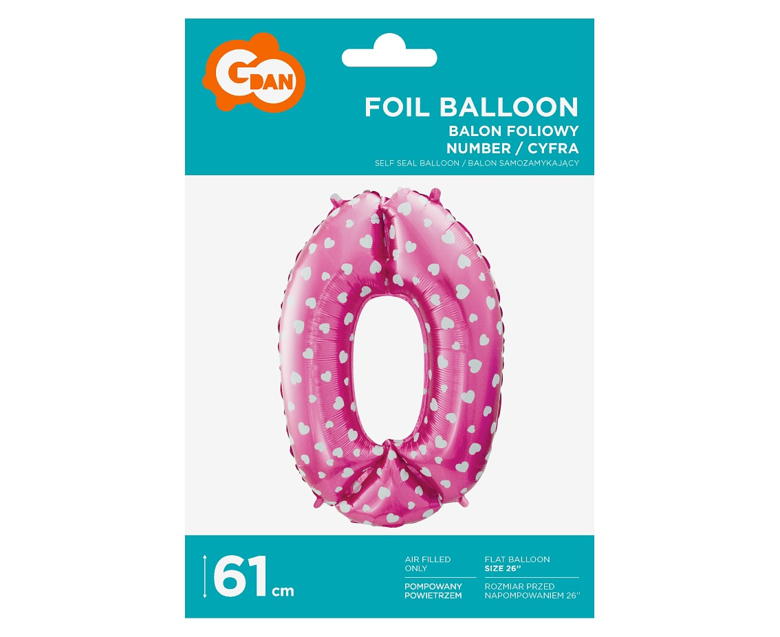 Foil balloon digit "0", pink with hearts, 26" EOL