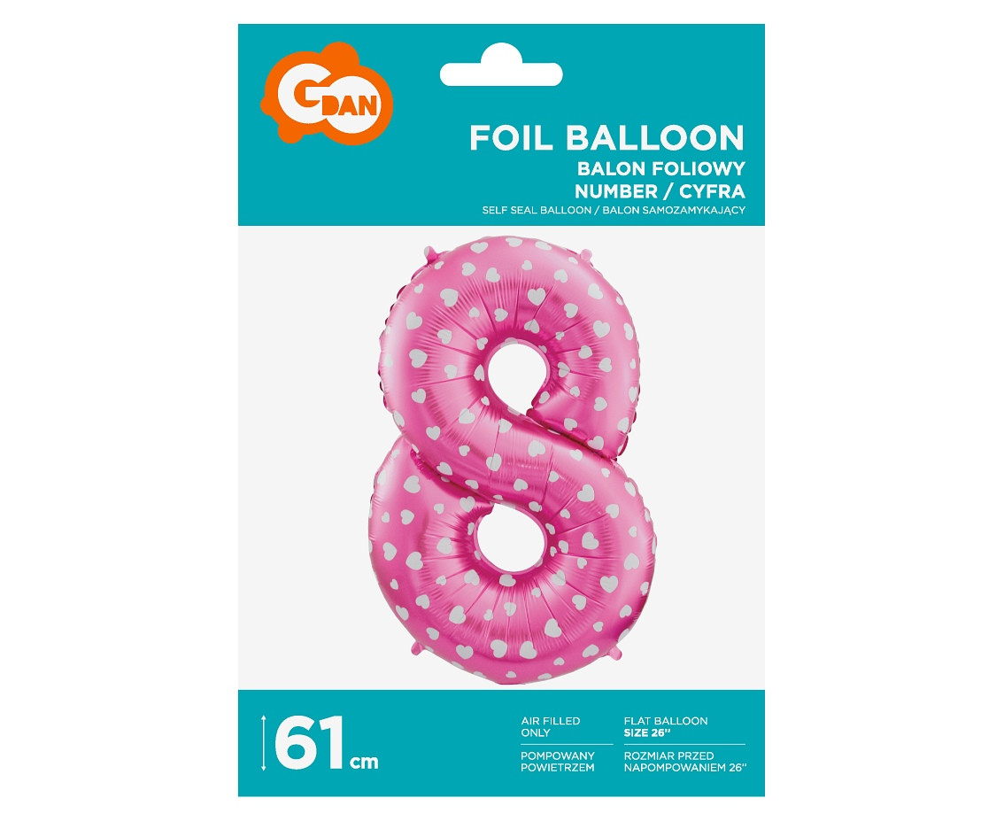 Foil balloon digit "9", pink with hearts, 26" EOL