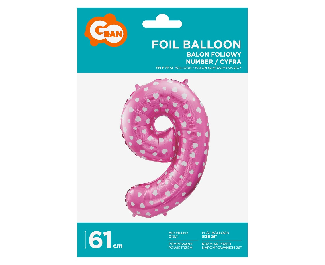 Foil balloon digit "9", pink with hearts, 26" EOL