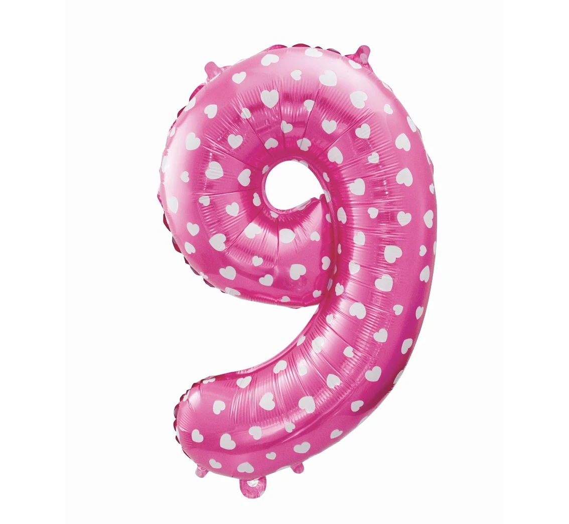 Foil balloon digit "9", pink with hearts, 26" EOL