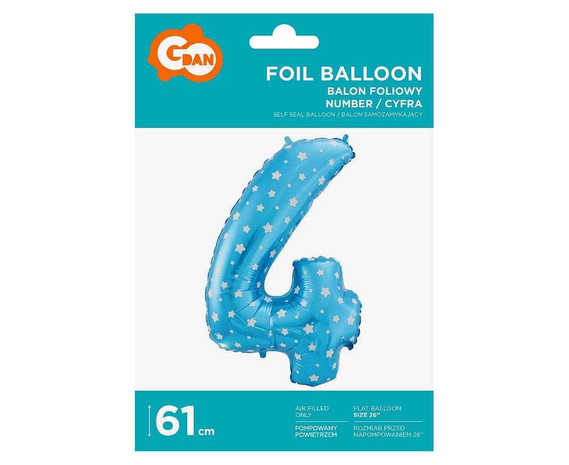 Foil balloon digit "4", blue with stars, 26" EOL