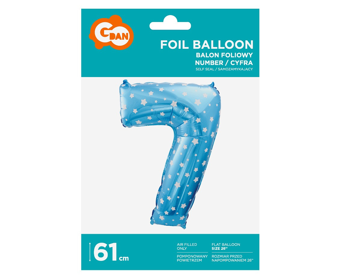Foil balloon digit "7", blue with stars, 26" EOL