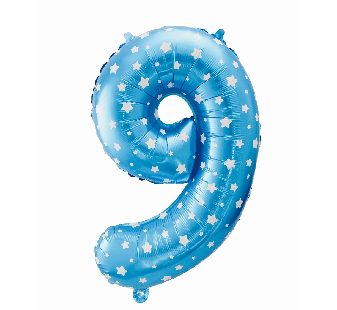 Foil balloon digit "9", blue with stars, 26" EOL